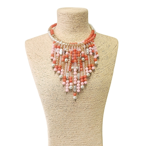 Boho Coral Pink Beaded Bib Necklace Statement Jewelry - Picture 4 of 5